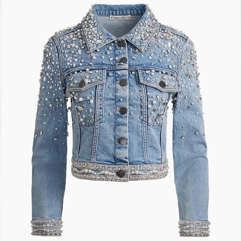 ALICE + OLIVIA Nelson Embellished Beaded Cropped Fitted Denim Jean Jacket Md NEW - Picture 8 of 15